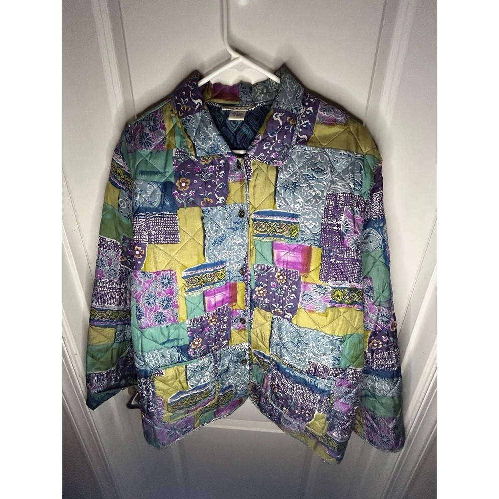 Vintage 90's Y2k Quilted Silk Multi Color Patchwork Pattern Jacket‎ Sz Womens XL